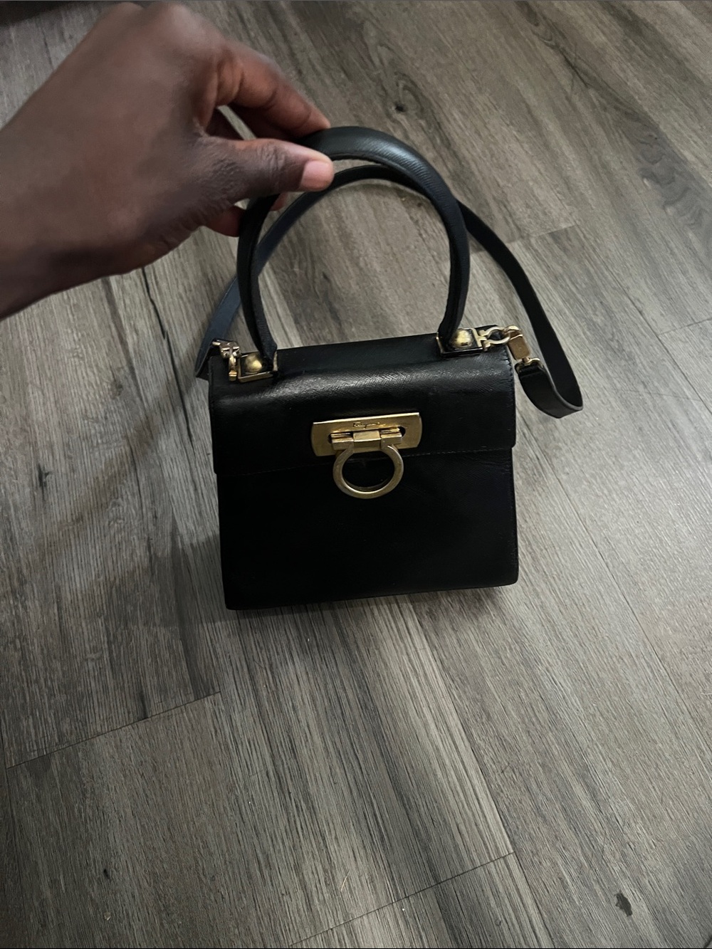 Salvatore Ferragamo Black Leather Mini Top-Handle Bag with Gold Hardware
